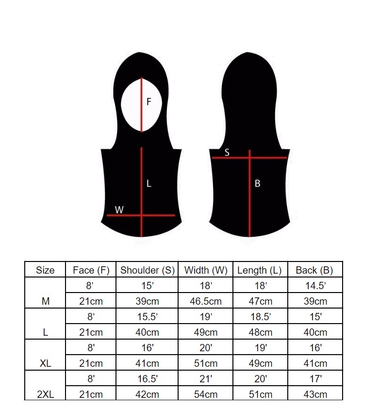 size chart hooda sports hijab
